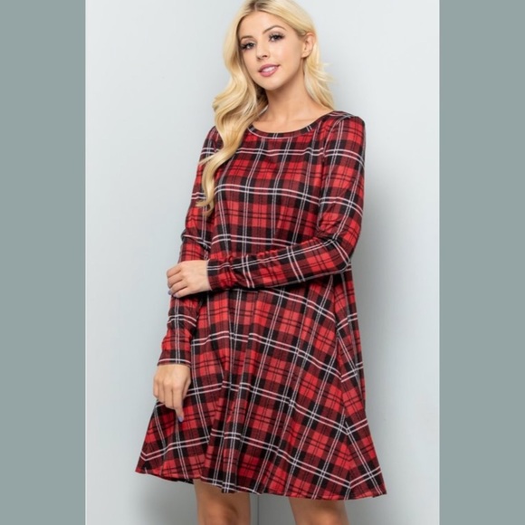 Red Plaid Dress Long Sleeves with Pockets - Picture 3 of 6